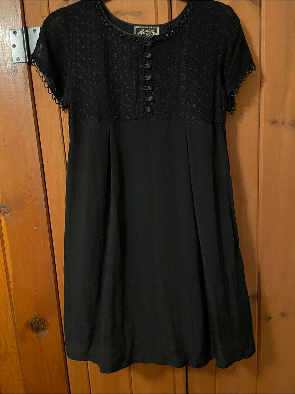 Vintage 90s Pudding Shop Black Floral Embroidered Rayon Babydoll Mini Dress XS